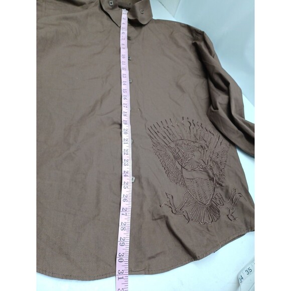 Manzini Brown Dress Shirt Mens XL Button Front French Cuff Embroidery Eagle - Picture 8 of 12